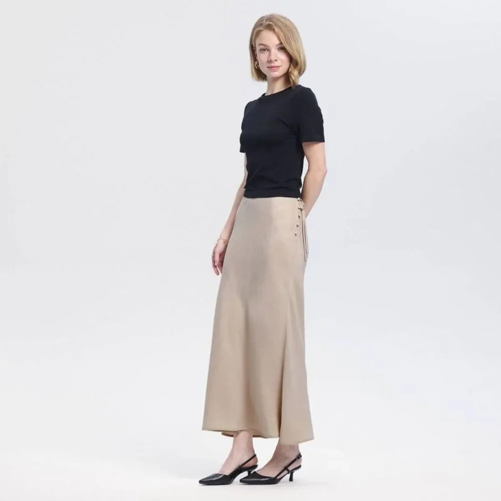Women's Mid-Rise Side-Tie Woven Maxi Skirt - A New Day Oatmeal S
